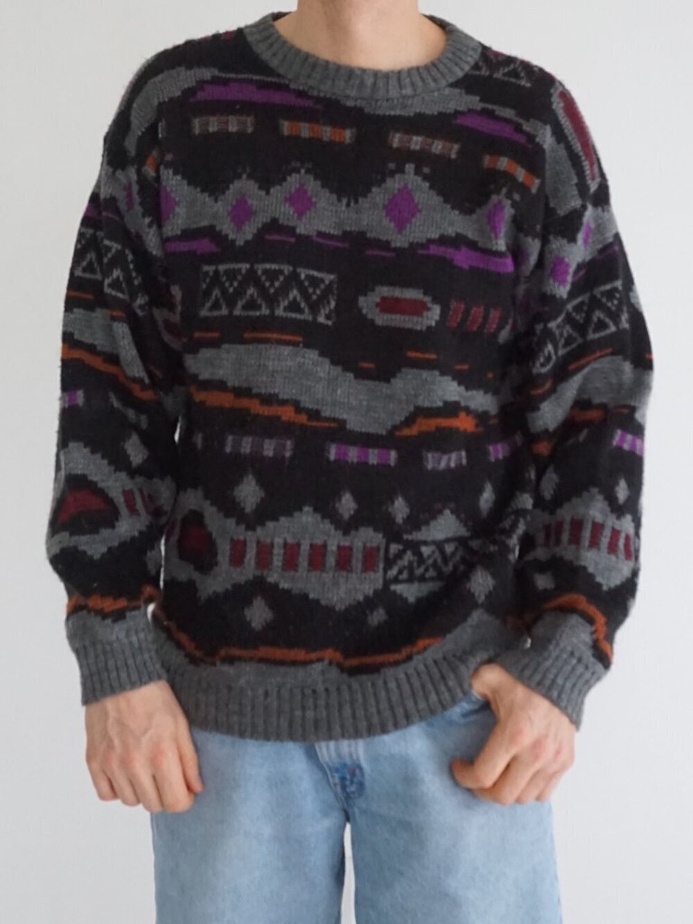 Bay Trading Black Grey Geometric Tribal Pattern Heritage Cabin Knit Sweater L